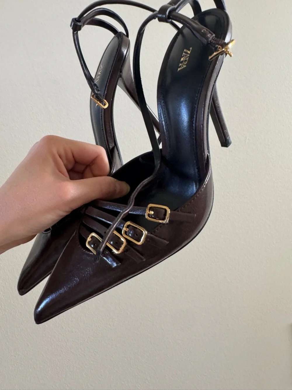Zara Chocolate Brown Pointed Toe Strappy Heels with Gold Buckles - Picture 7 of 7